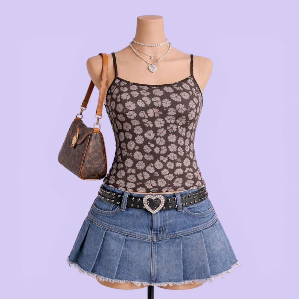 Vintage DIM Brown Floral Cami Tank Y2K Coquette Whimsigoth Size M Summer Party